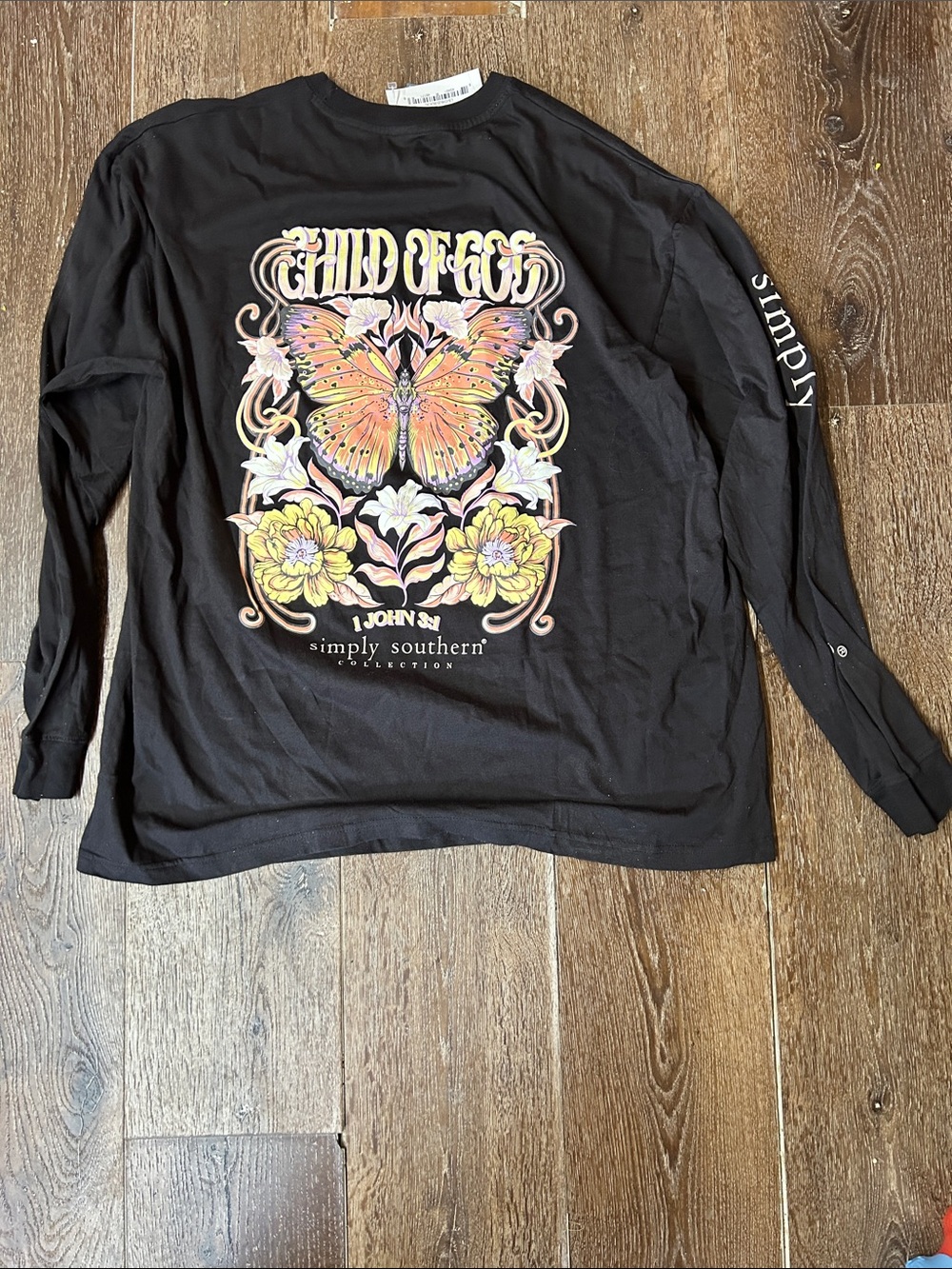 Simply Southern Black Long-Sleeve Tee with Pastel Butterfly & Floral Art